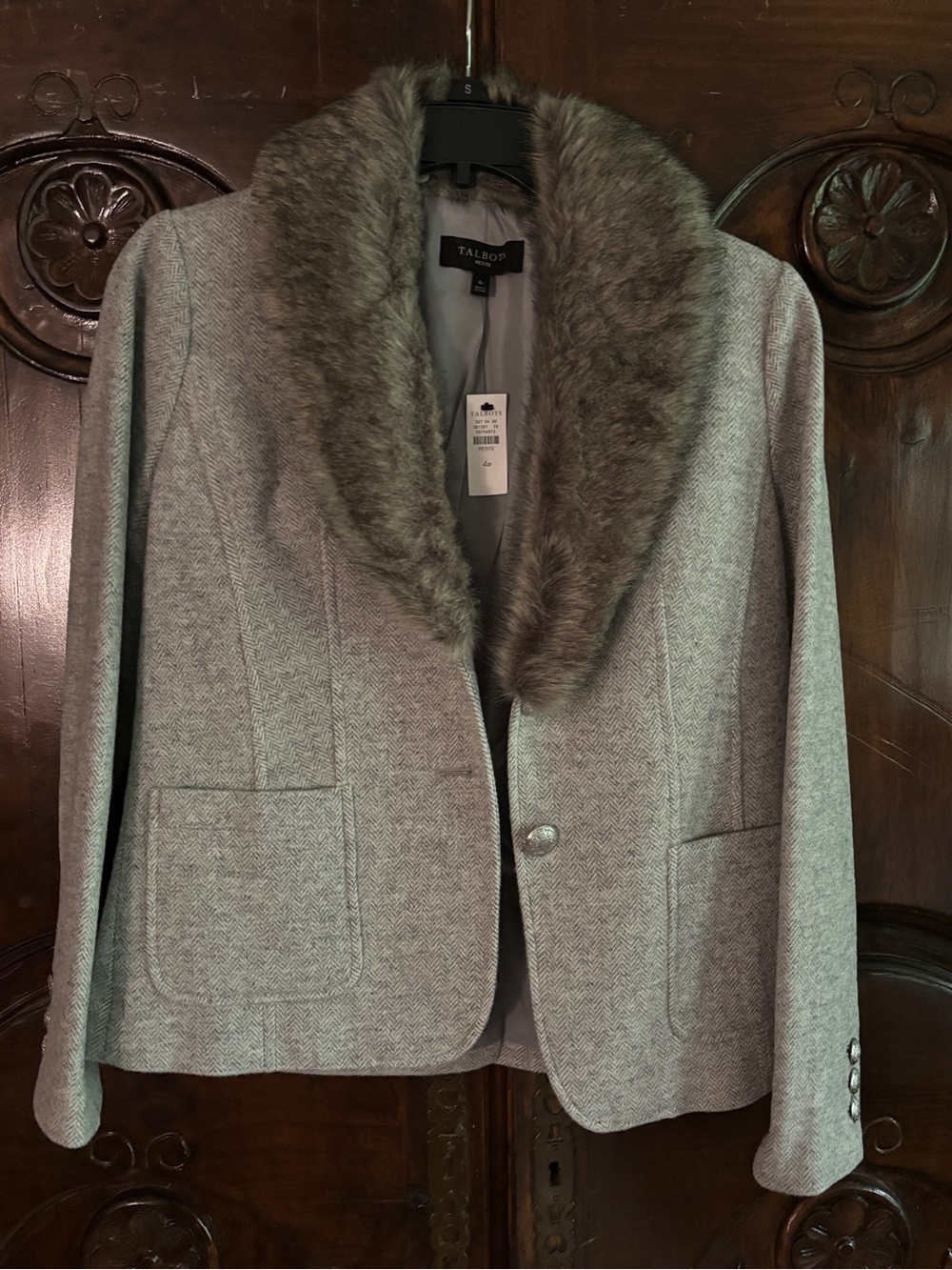 Talbots Gray Herringbone Jacket with Faux Fur Collar NWT